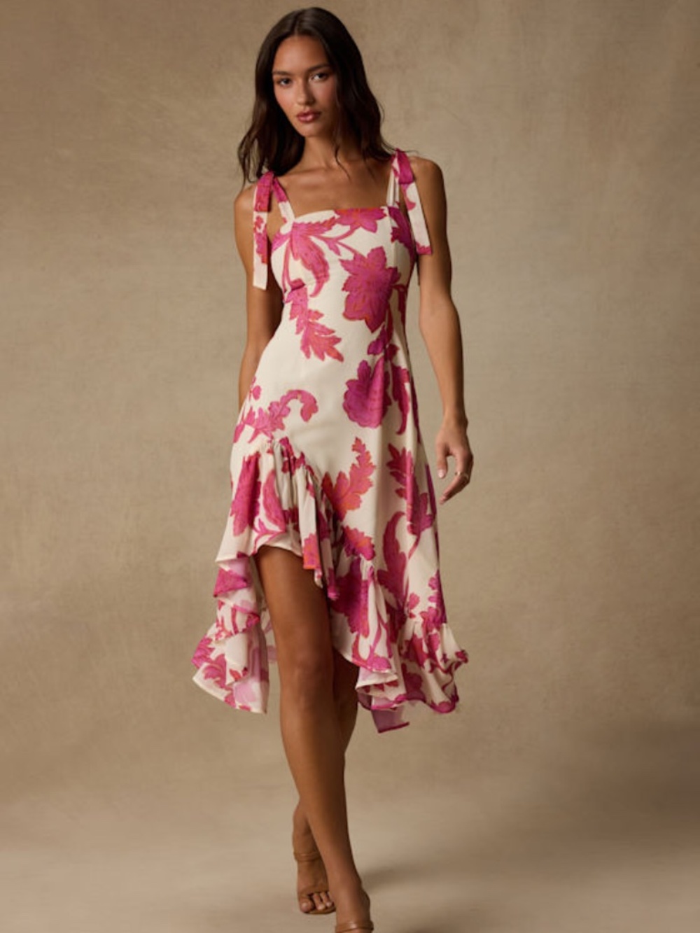 Lulus Tamryn Ivory Floral Asymmetrical Ruffled Midi Dress White - Size L